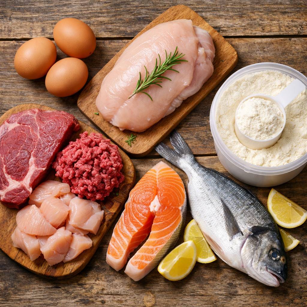 Fuentes de proteína para ganar masa muscular como pollo huevos carne pescado y proteína en polvo